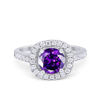 Solitaire Accent Halo Wedding Ring Round Simulated Amethyst CZ 925 Sterling Silver